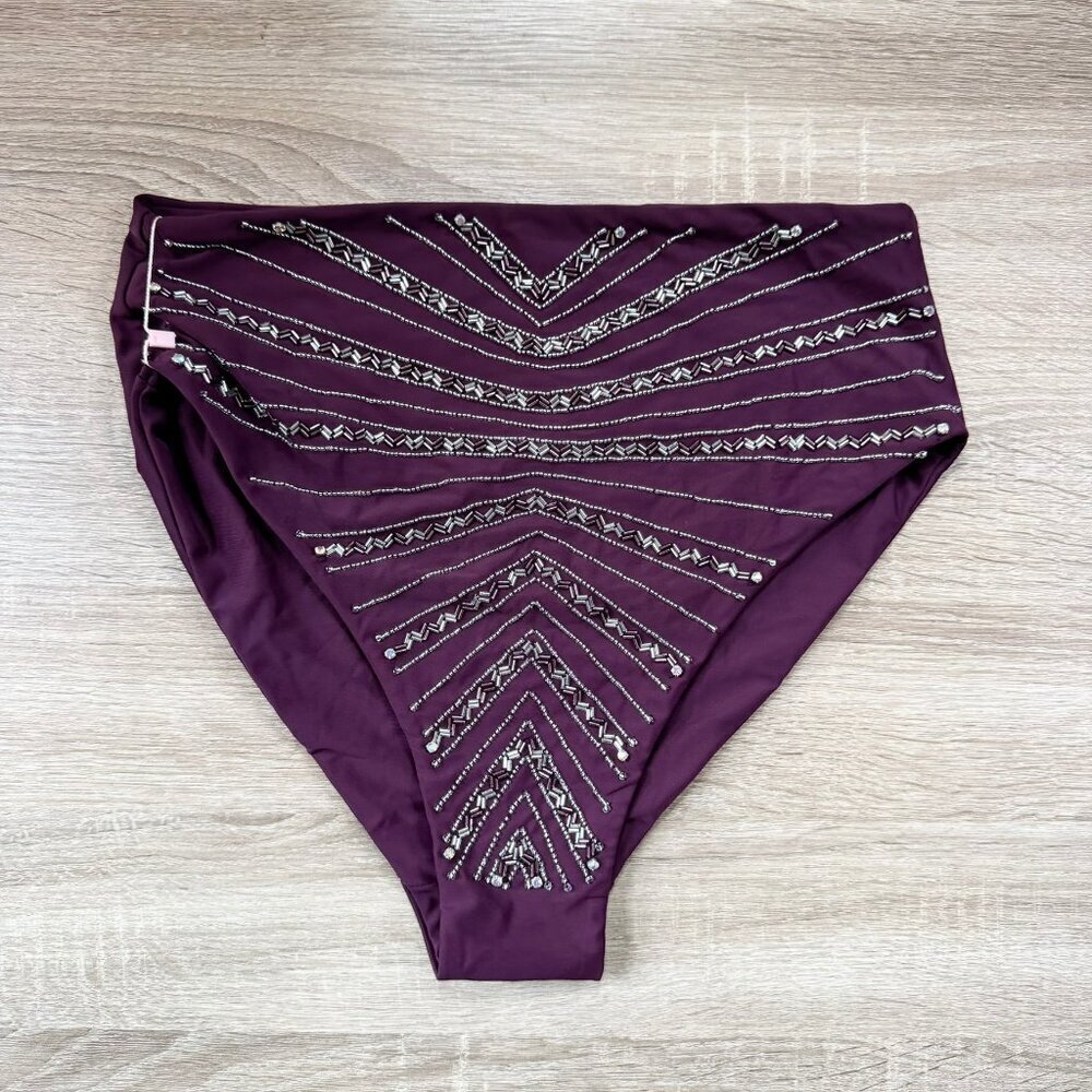New Oceanus Lara  Crystals Beaded Bikini Swim Bottoms Free People Plum Large
